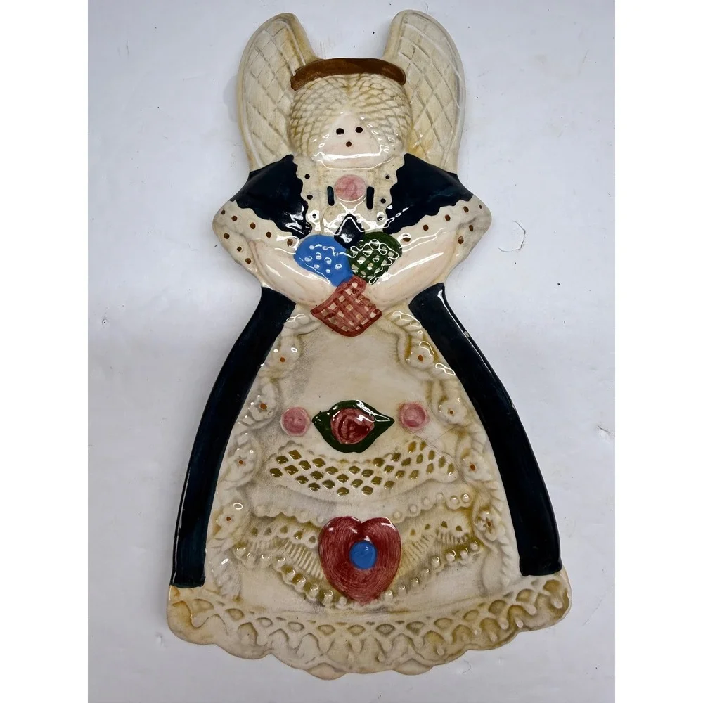 Vintage Hand Painted Ceramic Angel Spoon Rest Folk Art Trinket Dish Black Cream
